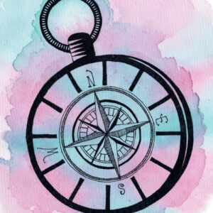 lijntekening van een kompas op een aquarel achtergrond