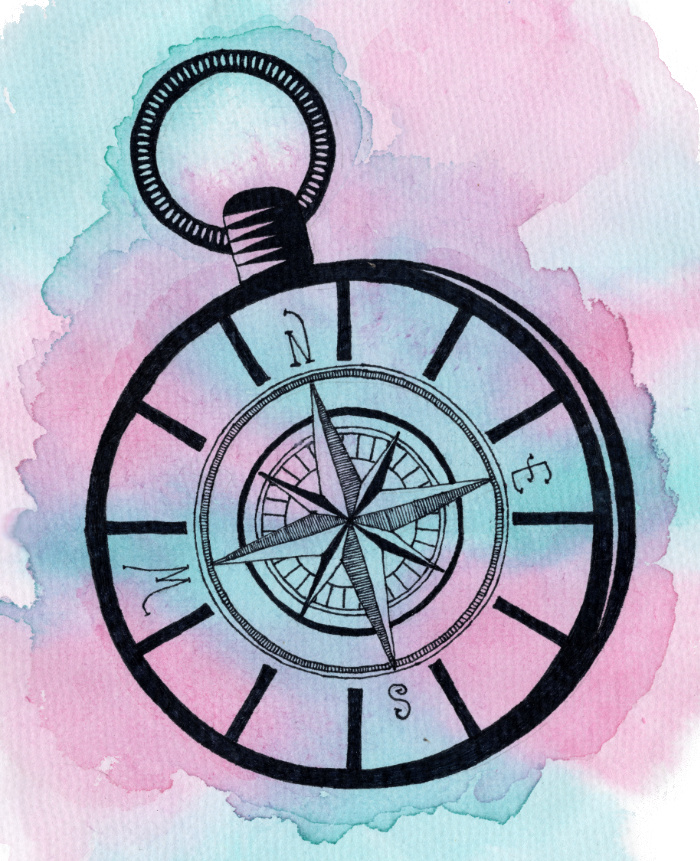 lijntekening van een kompas op een aquarel achtergrond
