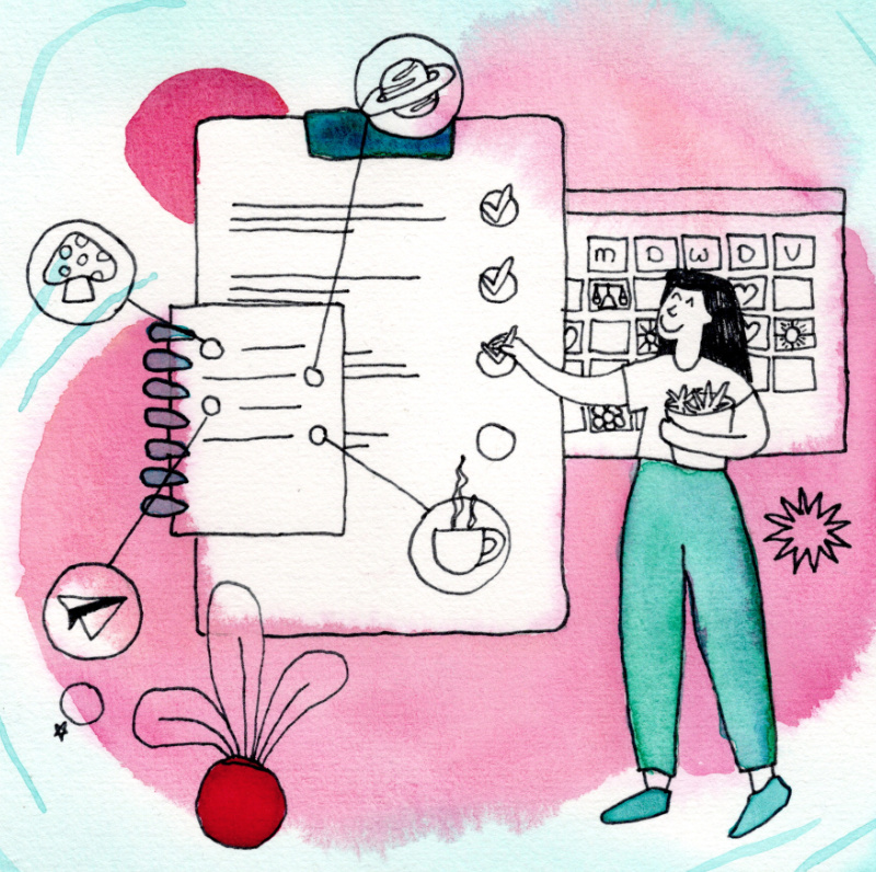 Passieplanner - De Krachtstroming. Tekening van een vrouw met een creatief, actief planningsbord