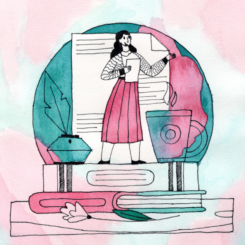 Aquarel- en inkttekening van een sprekende vrouw, staand op grote boeken